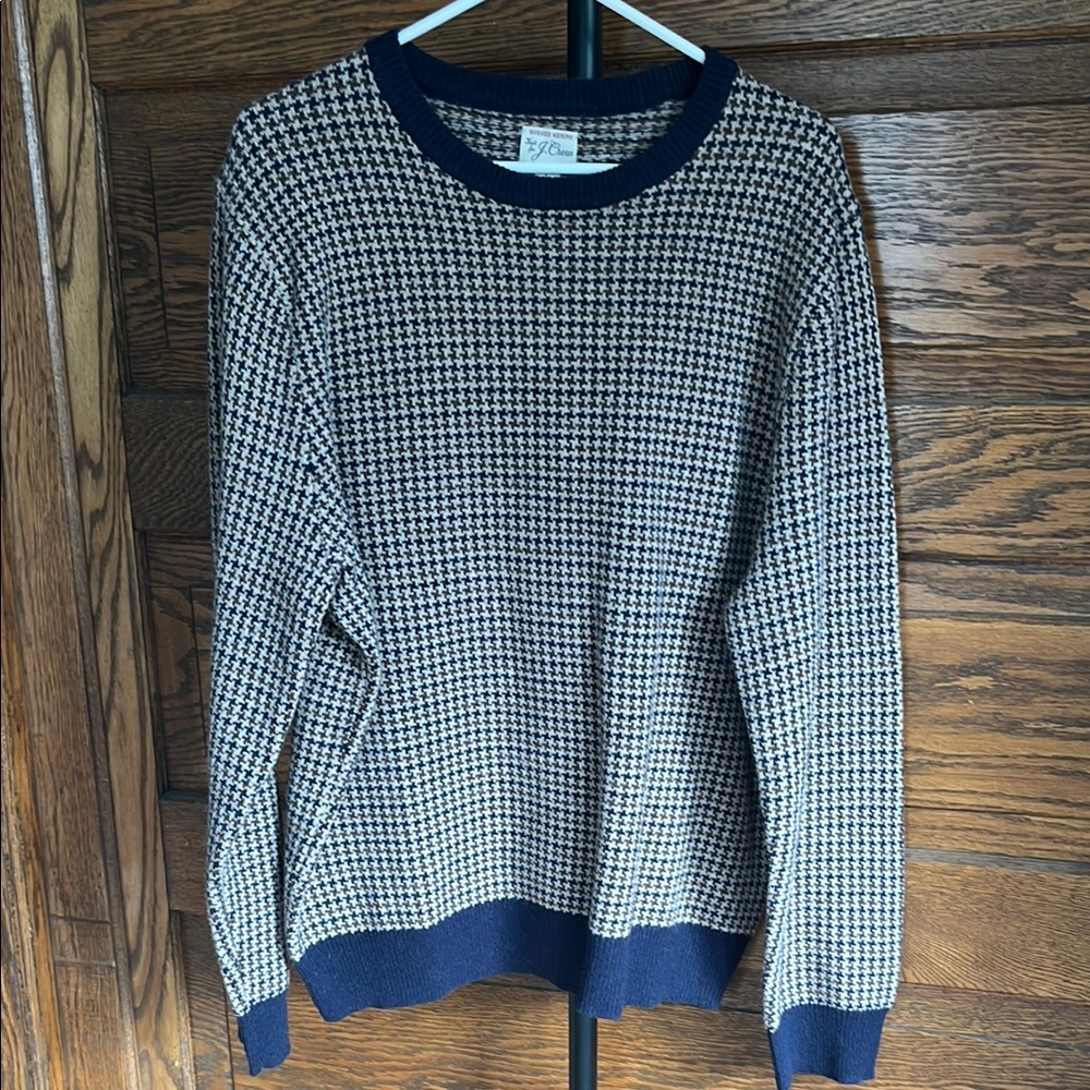 J.Crew Merino Wool Blend Sweater Men Large Navy Hazelnut Houndstooth